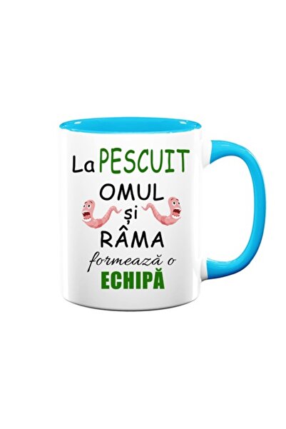 OEM Cană personalizată cu mesajul: „La pescuit, omul și viermele formează o echipă”, Betaprint, alb cu albastru