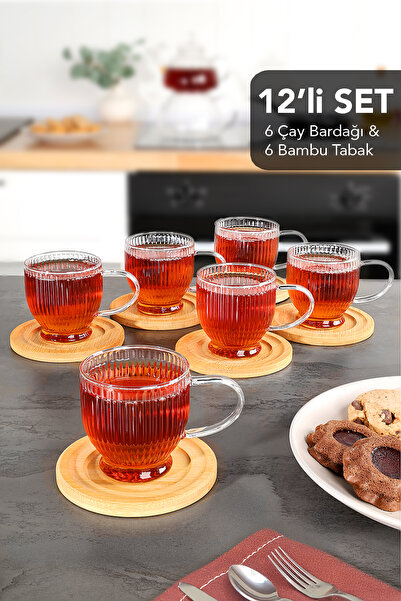 Meleni Home 12 Parça Borosilikat Cam Çay Fincanı Takımı - Bambu Bardak Altlığ...