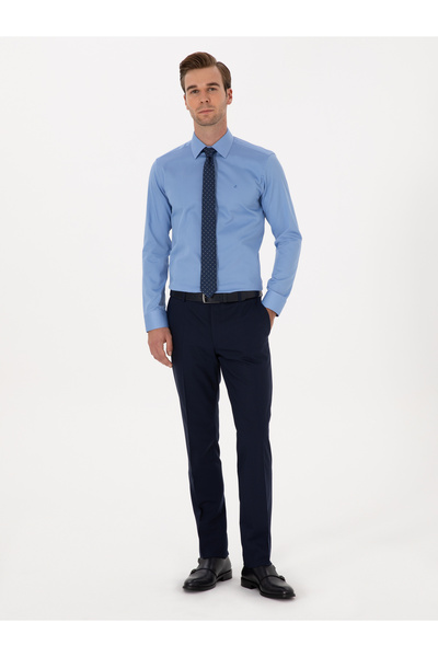 Cacharel Koyu Mavi Slim Fit %100 Pamuk Klasik Gömlek 50318179-VR032