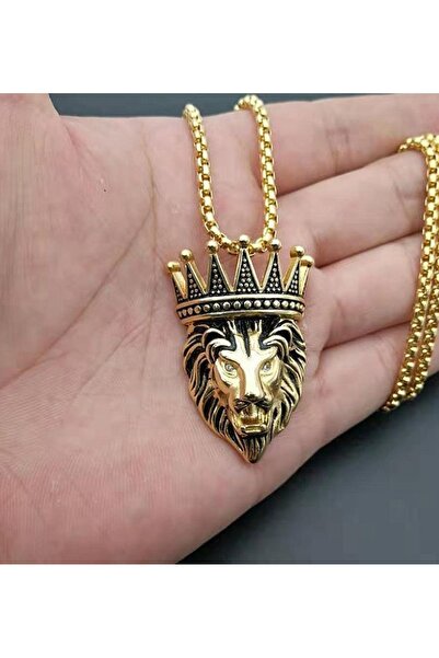 voyageaccessory Paslanmaz Çelik Aslan Kral Taçlı Kolye – Altın & Gümüş Renk Seçenekli Erkek Kolye