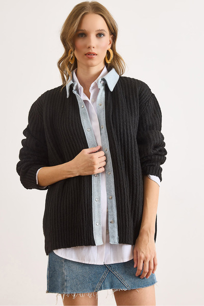 Olalook Kadın Siyah Denim Detaylı Çıtçıtlı Triko Gömlek Hırka HRK-19000417