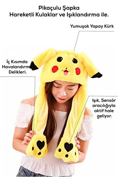 Realx Pokemon Pikachu Peluş Şapka LED Işıklı Hareketli Kulak