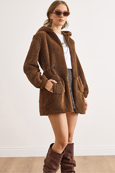 Olalook Γυναικείο παλτό καφέ με κουκούλα χωρίς επένδυση μέσης λεπτομέρεια με σούρες Wellsoft MNT-19000050