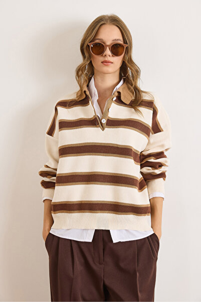 Olalook Women's Stone Brown Polo Neck Oversize Knit Sweater Kzk-19001017