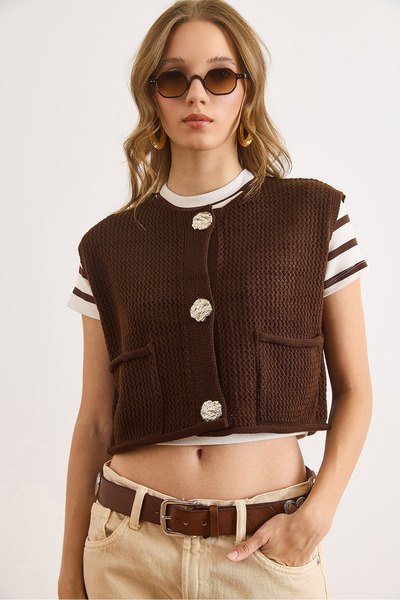 Olalook Γυναικείο καφέ πλεκτό γιλέκο με λεπτομέρεια τσέπης με κουμπιά, χοντρό πλεκτό γιλέκο YLK-19000092