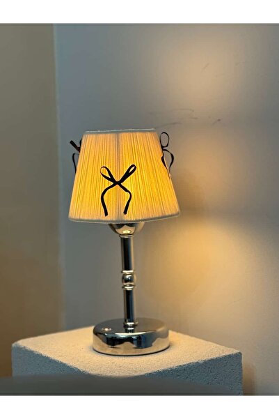 Maison Avf Krem Kadife Süet Siyah Fiyonk Kurdele Kablosuz Şarjlı Masa Lambası - Alt Uzun Gümüş