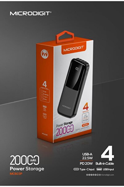 Microdigit 20000mAh Power Bank with 4 Built-in Cables, 22.5W, and Display Compatible with All Devices, Black