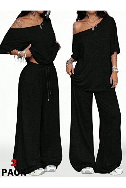 LAUSRA 2 τεμάχια γυναικεία μαύρα παντελόνια μεγάλου μεγέθους, φαρδιά και άνετ...