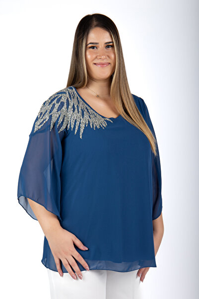 MEDOL GİYİM Büyük Beden Şifon V Yaka Abiye Bluz