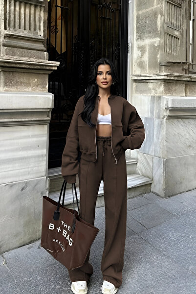 YAKAMEL KADIN 3 İPLİK PREMİUM FERMUARLI BOMBER CEKET EŞOFMAN TAKIMI