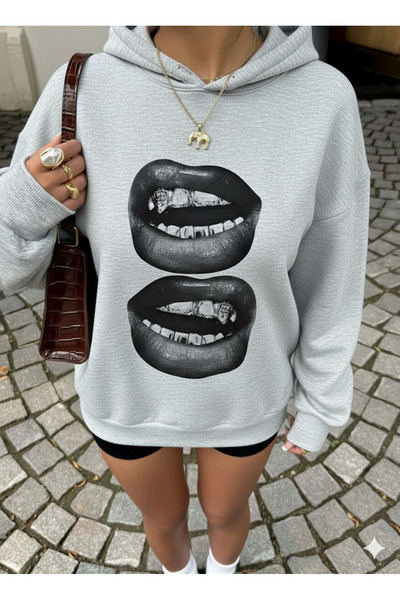 Afri Grey supradimensionat cu glugă pentru femei Swea tricou – cu imprimeu Mo...