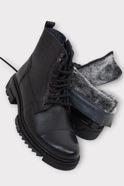 Liger Men's Fur Lined Khaki Leather Zippered Anti-Slip Thermo Sole Boots Black