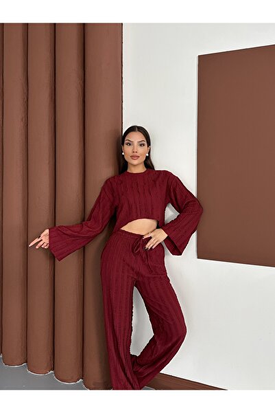 LE CARAMBOLE Women's Burgundy Spanish Sleeve Ruffle Fabric Bottom Top Set