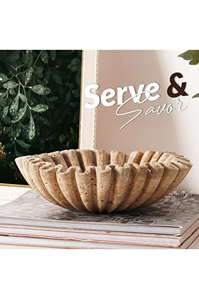 Radicaln Marble Decorative Bowl 10" | Handmade Travertine Fruit Bowl | Ruffle Scalloped Home & Table Decor