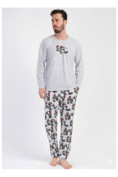melya lıngerıe Erkek Uzun Kollu Panda Baskılı Pamuklu Pijama Takımı