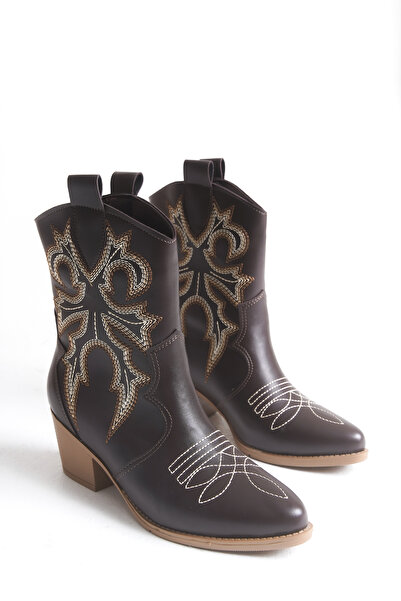 Shu Mhu Cizme scurte pentru femei, în stil Western, cu vârf ascuțit, cu toc de 6 cm, căptușeală caldă, maro, brodate