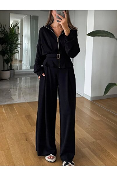 Serra Set de pantaloni negri cu picior larg și jachetă cu curea pentru femei