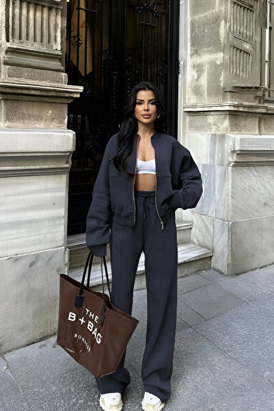 YAKAMEL KADIN 3 İPLİK PREMİUM FERMUARLI BOMBER CEKET EŞOFMAN TAKIMI