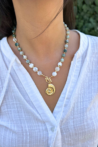 Suerte Accessories Indian Agate and Moss Agate Natural Stone Handmade Special Design with Steel Pendant Women's Natural Stone Necklace