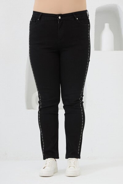 RMG Large Size Jeans with Stone Print on the Sides Black