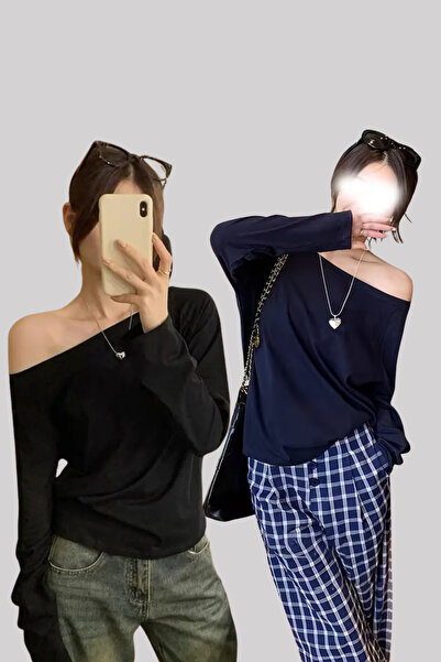 BLUE STREET تي شيرت نسائي أسود وأزرق داكن مكون من قطعتين بدون أكتاف وياقة قار...