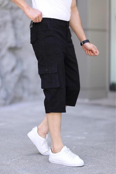 Genel Markalar Erkek Siyah Slim Fit Kapri Likralı Gabardin Diz Altı Yandan Cepli Bermuda