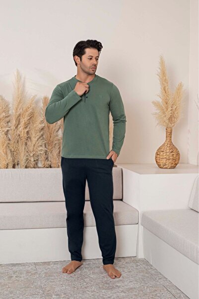 GUAVA+ Ανδρικό πράσινο σετ πιτζάμες με ελαφρύ μακρυμάνικα κουμπιά από 100% βαμβάκι
