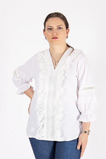 Bedrinxxl Büyük Beden Güpür Dantel Fırfır Detaylı V Yaka Uzun Kollu Şık Bluz ...