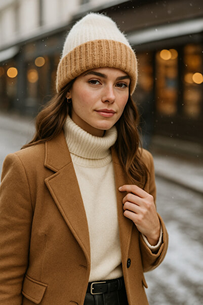 Luminos Butik Women's Ecru-Camel Wool Beret Bere1147