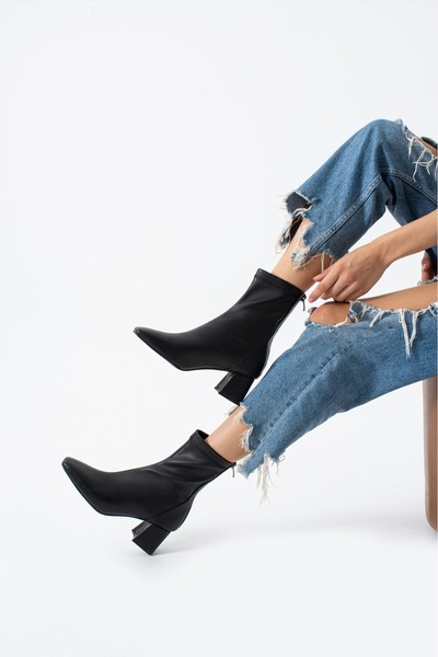 misio shoes TARZ Krem Streç Arkadan Fermuarlı Kadın Topuklu Bot