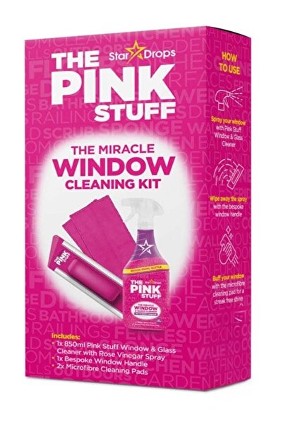 THE PINK STUFF 850ml Window and Glass Cleaning Kit with Rose Vinegar Spray and Window Handle Designed for All Outdoor Purposes