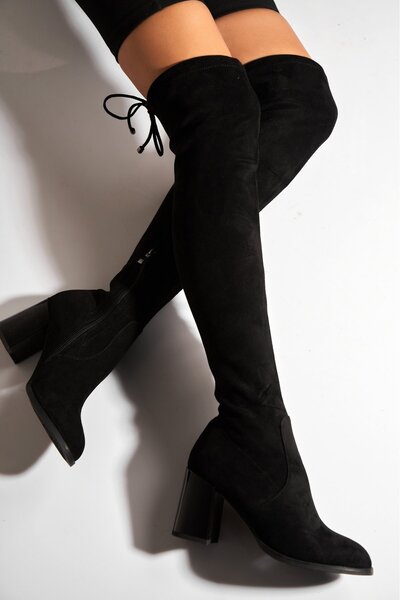 Joana Evelena Black Faux Suede Winter Boots, 8CM Heel