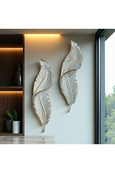 Peramari Dekoratif Polyester İkili Duvara Asmalı Dik Yaprak Set Krem Eskitme