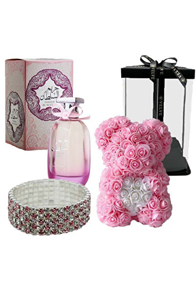 velve Set cadou fete,Ursulet floral din spuma roz,Parfum Al Sultan, Bratara pietre semipretioase