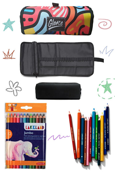 GLANCE Colorful Pattern Roll Cloth Pen Holder 24 Compartments + Pen Holder Lakeland Jumbo Coloring Pen 12-Pack Set