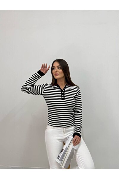 QBZ Collar Detail Striped Knitwear Sweater