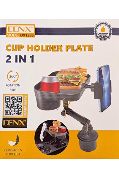 Denx 3-in-1 Car Cup Holder, Food Tray With Phone Mount, 360° Rotating Auto Food & Drink Tray,DX1285