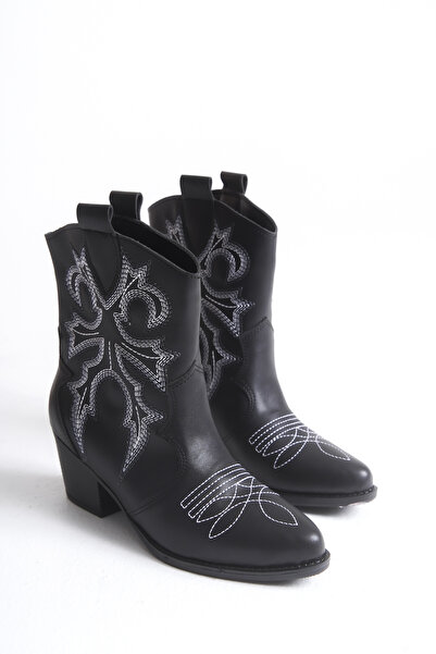 Shu Mhu Cizme scurte pentru femei, stil Western Cowboy, cu vârf ascuțit, cu toc de 6 cm, căptușeală caldă, brodate, negru, alb