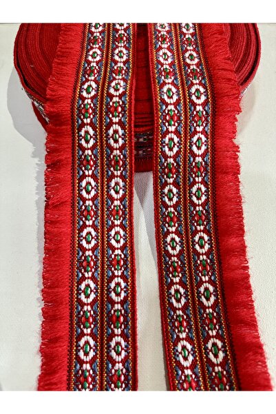 ALTAY AKSESUAR Panglică țesută cu model etnic cu două rânduri cu franjuri roșii