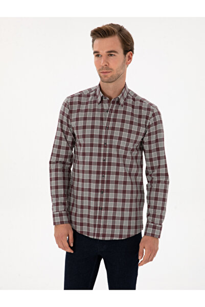 Cacharel Bordo Slim Fit %100 Pamuk Kareli Gömlek 50311627-VR014