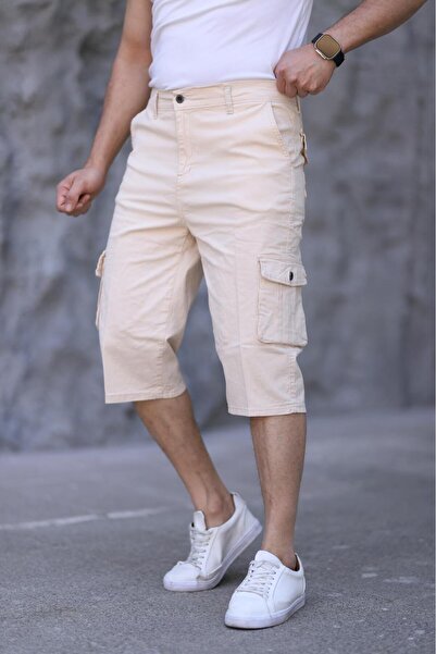 VAJESTO Men's Beige Slim Fit Capri Lycra Gabardine Bermuda with Side Pockets Below the Knee