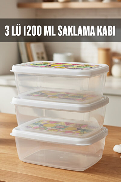 ELDİPA Sticker Desenli Kapaklı 3’lü Saklama Kabı Seti – 1200 ml Plastik Gıda Saklama Kutusu