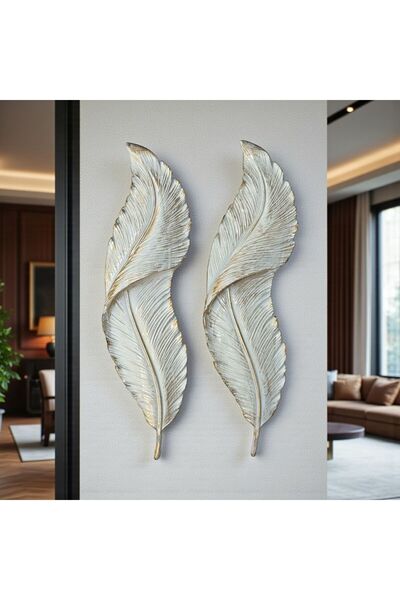 Peramari Dekoratif Polyester İkili Duvara Asmalı Dik Yaprak Set Krem Eskitme