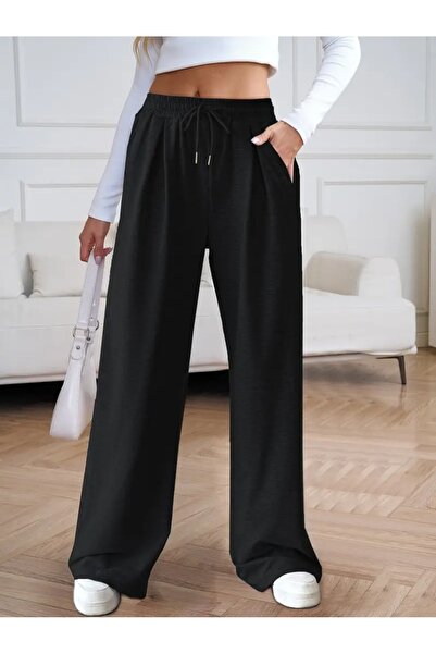LAUSRA Γυναικείο μαύρο παντελόνι μεγάλου μεγέθους φαρδύ φαρδύ παντελόνι SIX S...
