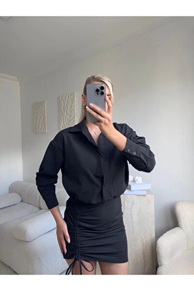 Zora Butik Eteği Büzgülü Gömlek Elbise - SİYAH