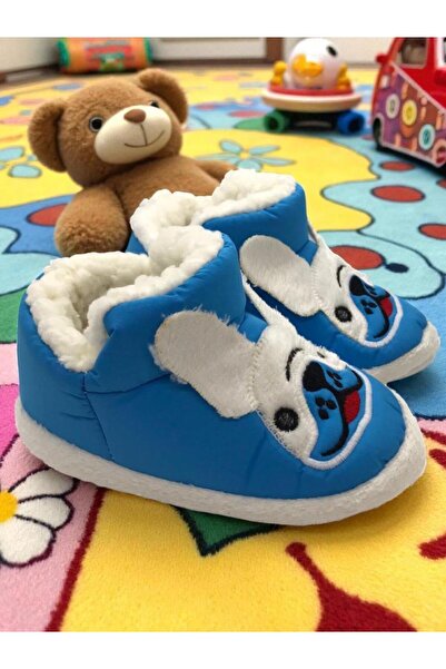 MARKABONİ Erkek Çocuk Hayvanlı Kışlık Yumuşacık İçi Yünlü Mavi Ev Pandufu