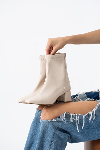 misio shoes TARZ Krem Streç Arkadan Fermuarlı Kadın Topuklu Bot
