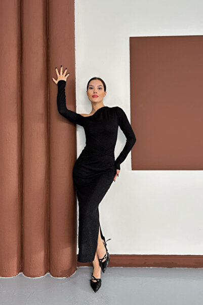 moda poni فستان لامع بتفاصيل شق جانبي