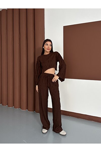 MODAMERSİ Women's Brown Spanish Sleeve Ruffle Fabric Bottom Top Set