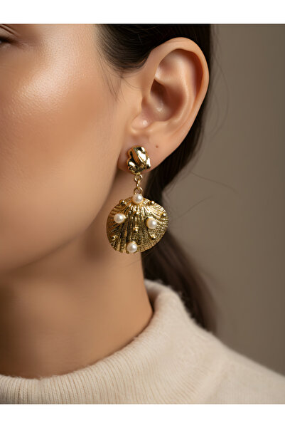 TURBİJ Women's Gold Color Sea Shell Dangle Pearl Earrings Stylish Design
